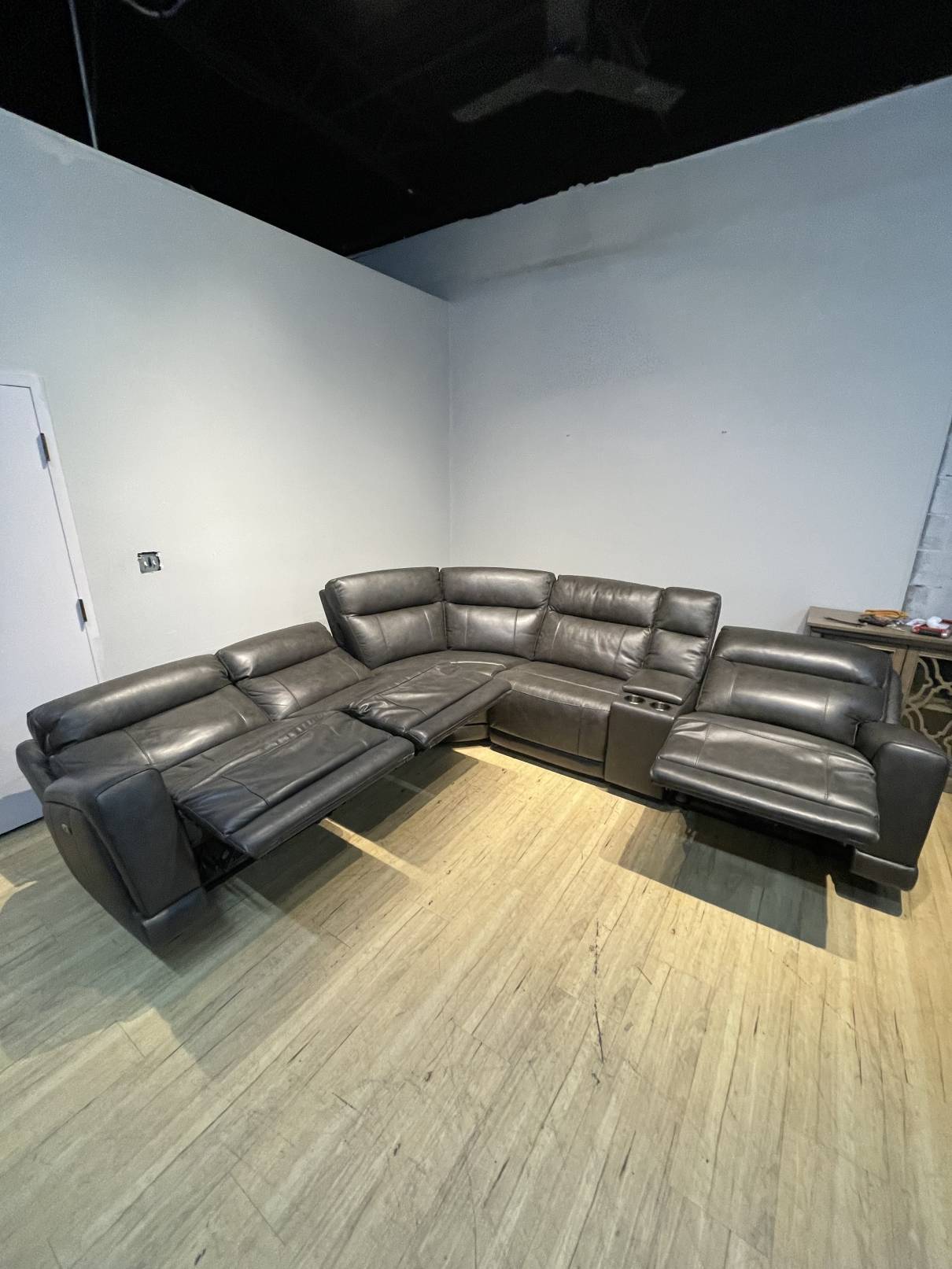 Lauretta contemporary grey top grain hot sale leather power reclining sectional
