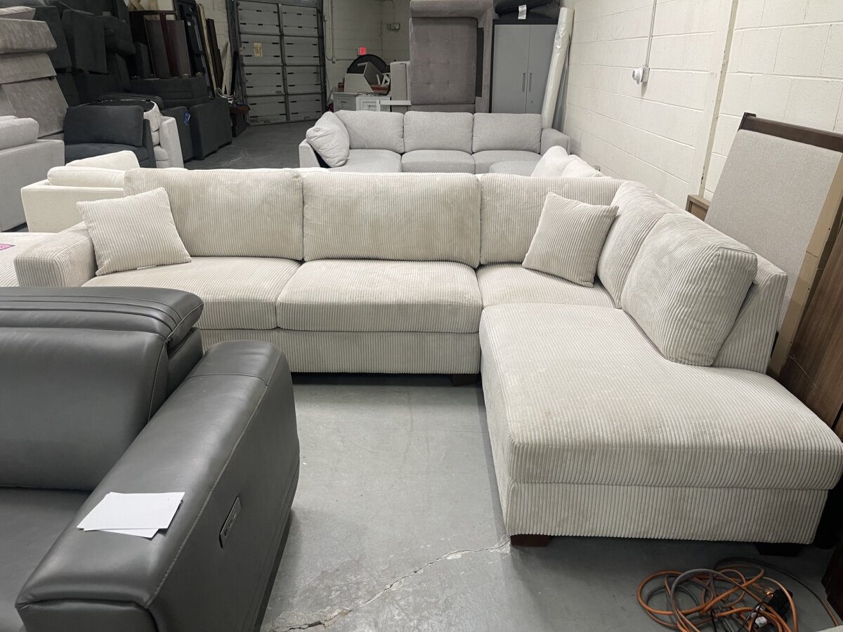 Thomasville Artesia Corduroy Fabric Sectional with Ottoman, Cream - Photo 2