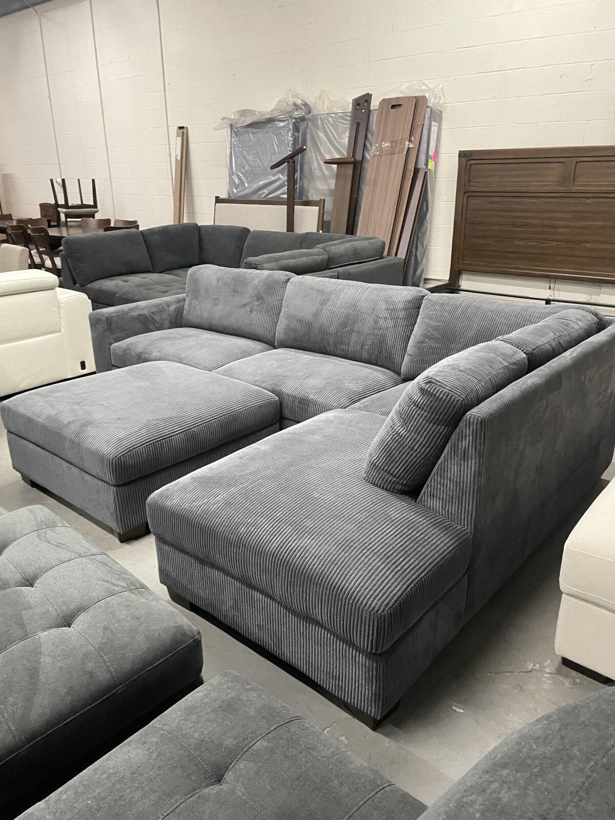 Thomasville Artesia Corduroy Fabric Sectional with Ottoman, Dark Gray