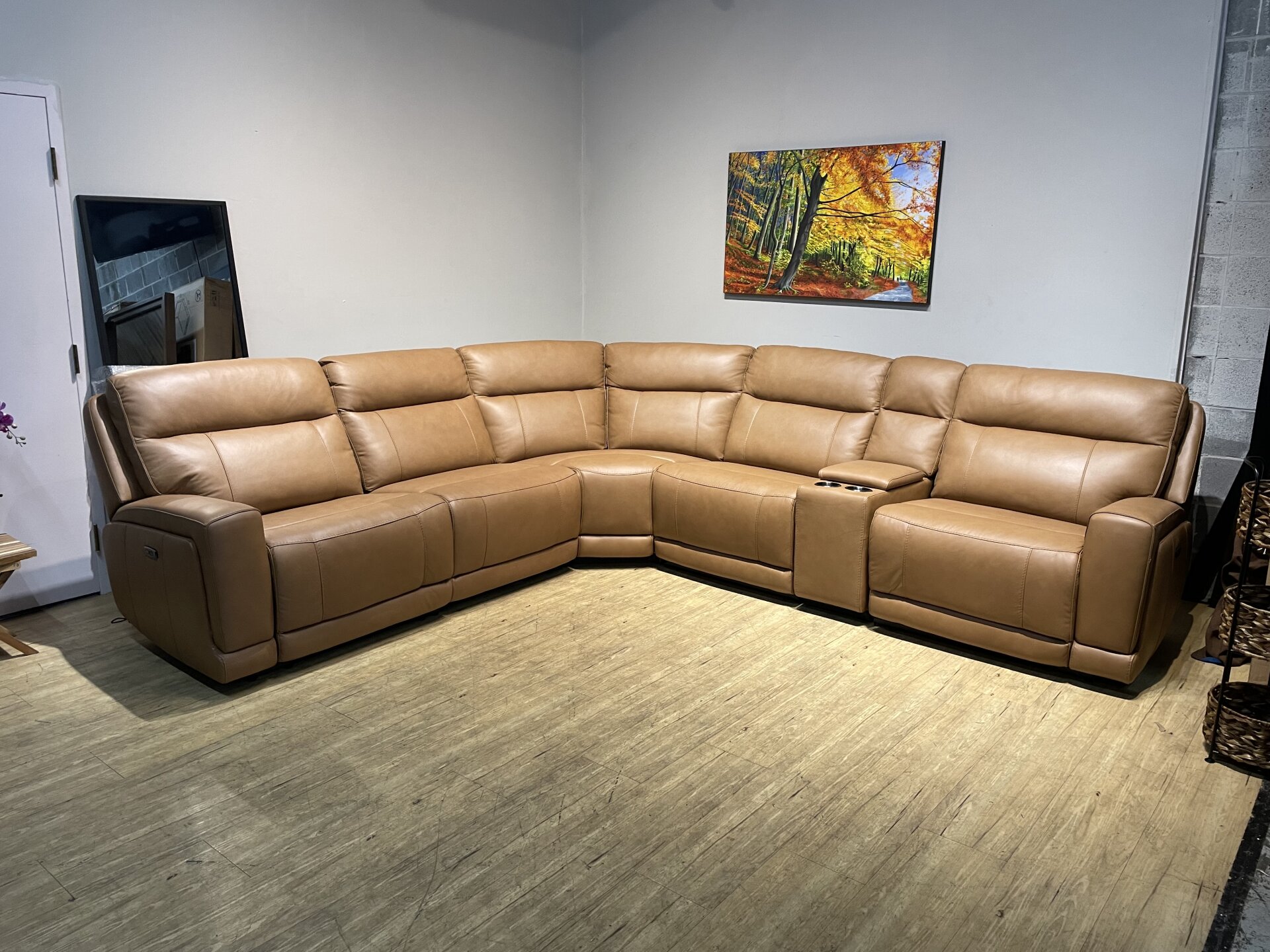 Lauretta 6-piece Leather Power Reclining Sectional with Power Headrests, Camel Brown