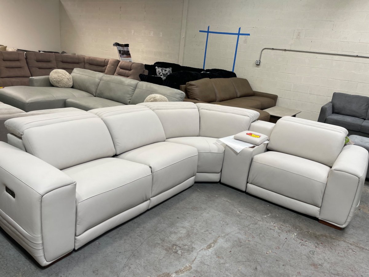 Karson Leather Power CloudZero Reclining Sectional with Power Headrests, Ivory - Image 1